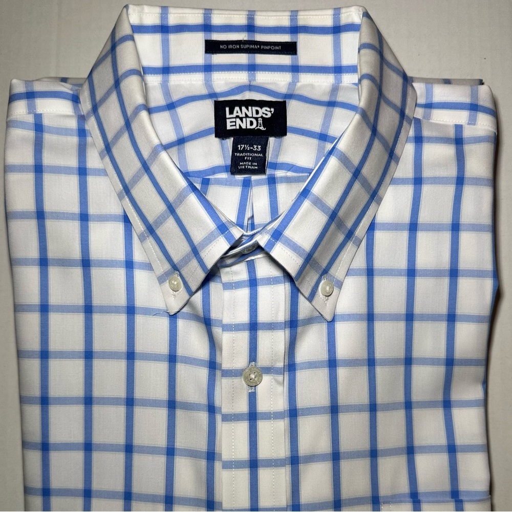 Lands’ End Blue Print No Iron Supima Pinpoint Button Down Collar Shirt 17 1/2-33